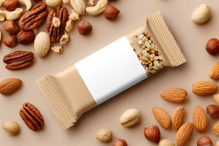Granola bar in kraft paper packaging with blank label surrounded by variety of nuts promoting healthy lifestyleの素材