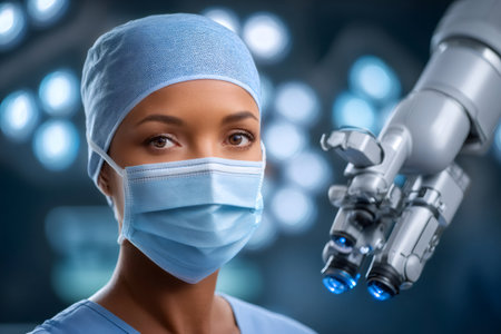 Portrait of a female surgeon wearing a surgical mask with a surgical robot in the operating roomの素材