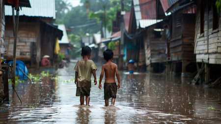 Two kids walking through flooded streets during a heavy rainfall in a developing countryの素材