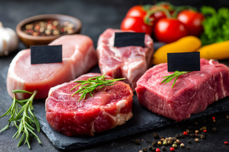 Selection of fresh red meat cuts, garnished with rosemary sprigs and blank price tags, ready for grilling or cookingの素材