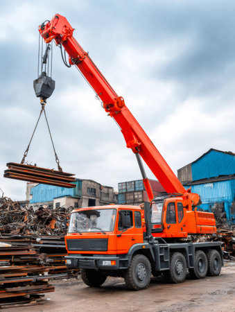 Powerful mobile crane loading metal beams at scrap metal processing plantの素材