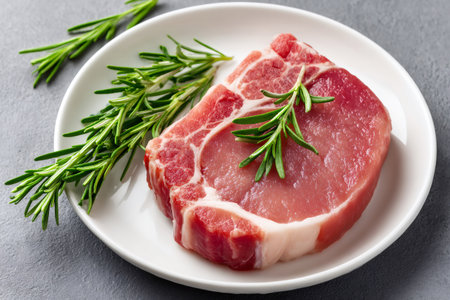 Raw pork steak seasoned with rosemary presented on a white plate, ready for cookingの素材