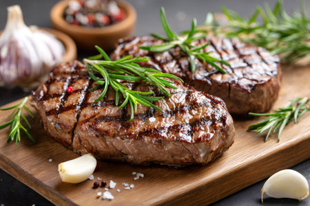 Two juicy grilled beef steaks with rosemary and garlic on a wooden cutting boardの素材