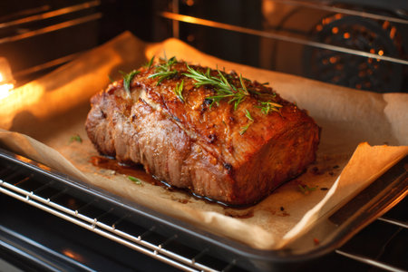 Juicy roast beef seasoned with rosemary and spices cooking on baking paper in a hot ovenの素材