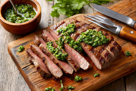 Sliced grilled flank steak with chimichurri sauce, resting on a cutting boardの素材