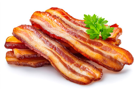 Sizzling bacon strips, cooked to perfection, garnished with fresh parsley on a clean white backgroundの素材