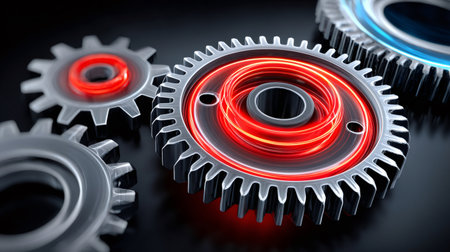 Metal gears rotating with red light effect on a black background, concept of technology and industryの素材