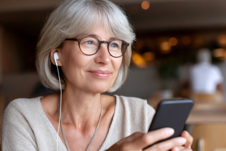 Happy mature woman wearing earphones enjoying music using phone app in cafeの素材