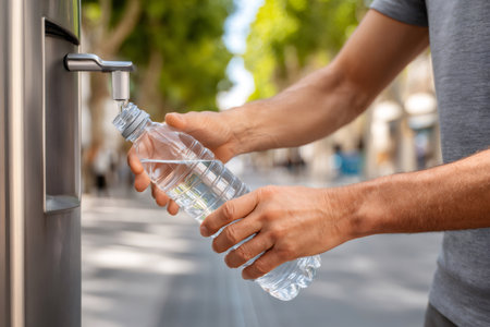 Close up of man filling reusable water bottle at a public drinking water fountainの素材