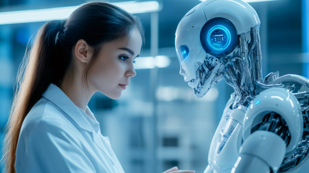 In a high tech laboratory, a female scientist observes a sophisticated humanoid robot, exploring the potential of artificial intelligenceの素材