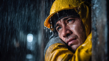 Tired worker wearing raincoat and helmet during heavy rain at nightの素材