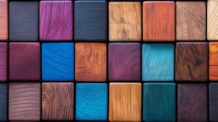 Colorful wooden cubes showcasing a variety of painted and natural finishes create a vibrant and textured mosaicの素材