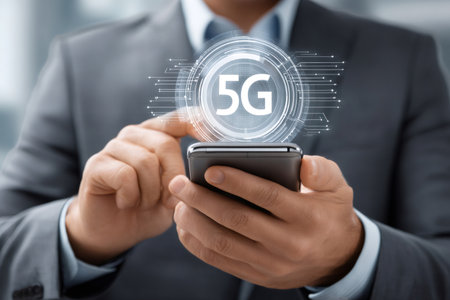 Businessman holding smartphone with 5g hologram, showcasing innovative technology and connectivityの素材