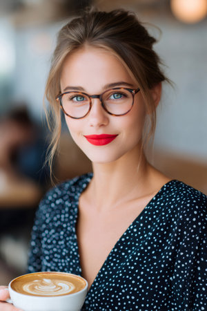 Businesswoman wearing glasses and red lipstick smiling while holding cappuccino in cafeの素材