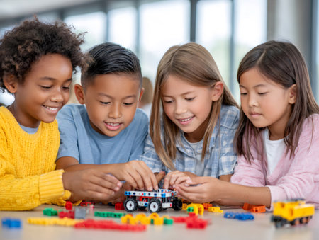 Diverse group of elementary school students enjoying playtime, engaging in collaborative building activity with colorful construction blocksの素材
