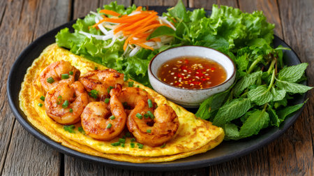 Vietnamese banh xeo or sizzling pancake made of rice flour, coconut milk, turmeric powder, served with grilled shrimps, fresh herbs and dipping sauceの素材