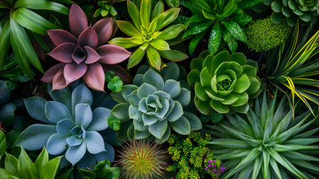 Beautiful green wall with various succulents growing providing oxygen and improving air qualityの素材