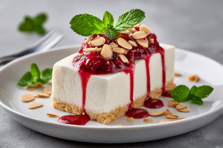 Indulge in a slice of creamy cheesecake topped with vibrant raspberry sauce, fresh mint, and crunchy almondsの素材