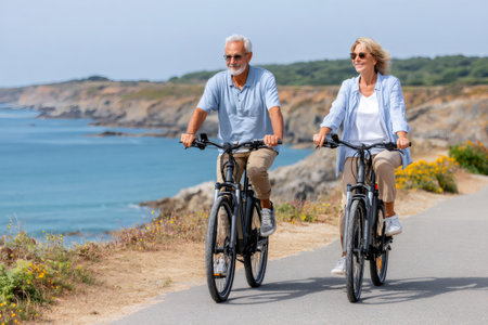 Happy retired couple enjoying a healthy lifestyle, riding electric bicycles along a beautiful coastal roadの素材