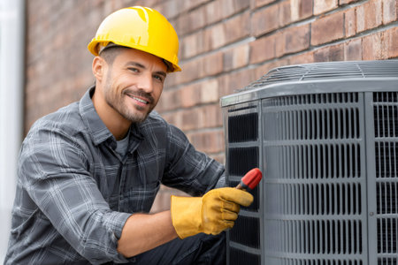 Hvac technician smiling and using tools while repairing an air conditioner unit outdoorsの素材