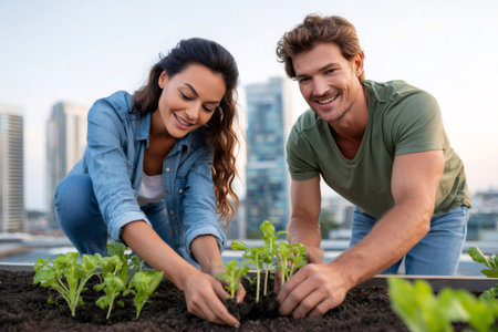 Happy couple gardening on an urban rooftop, planting seedlings and enjoying a sustainable lifestyleの素材