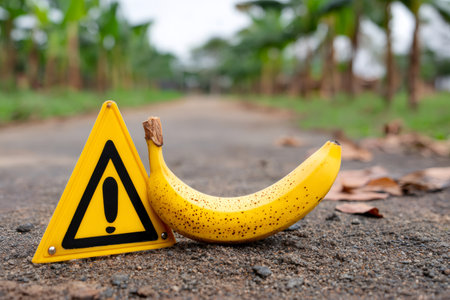 Ripe banana peel lying on the ground next to a warning sign, representing the danger of slippingの素材