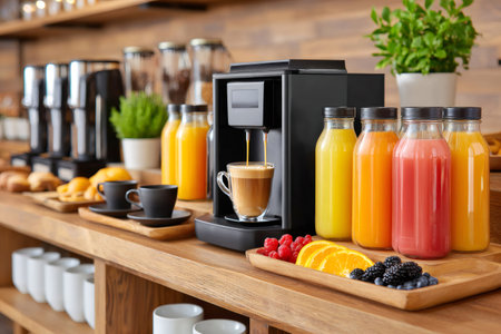 Coffee machine pouring coffee into a cup next to fresh fruit juices, pastries, and fruit at a hotel breakfast buffetの素材