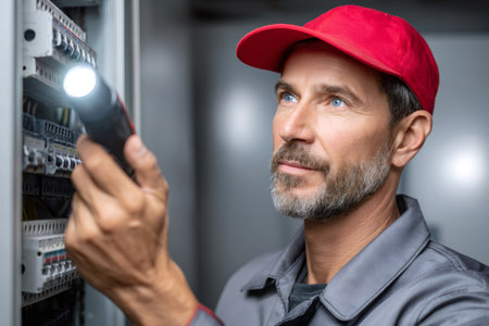 Electrician using flashlight while inspecting fuse box in buildingの素材