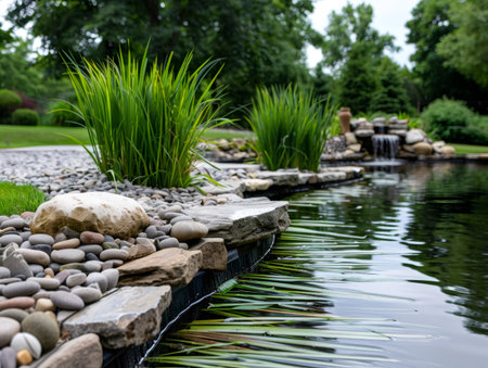 Stone lined pond with waterfall and lush vegetation creates a tranquil and inviting atmosphere in a garden settingの素材