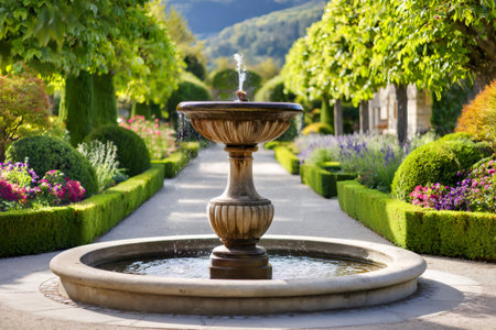 Elegant water fountain flowing in a beautifully manicured botanical garden, creating a tranquil atmosphereの素材