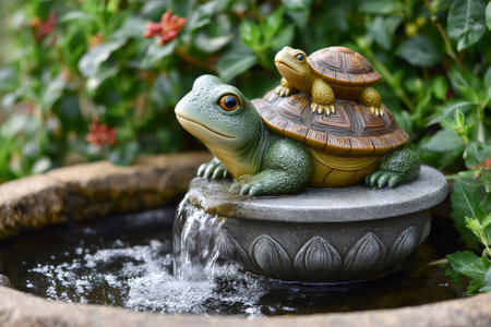 Water flowing from a decorative frog and turtle statue fountain in a garden pondの素材