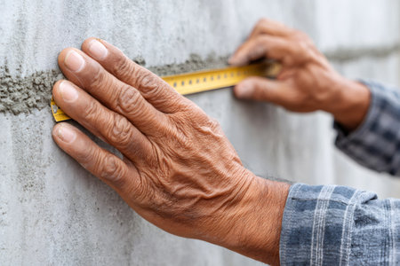 Construction worker using folding ruler to measure concrete wall during building processの素材
