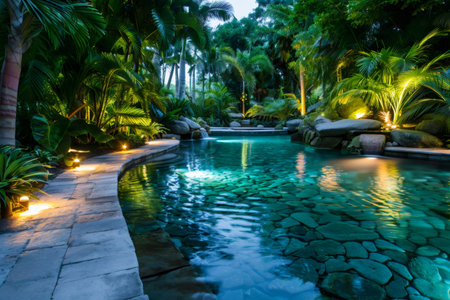 Tranquil turquoise water reflects the warm glow of evening lights in a luxurious jungle pool settingの素材