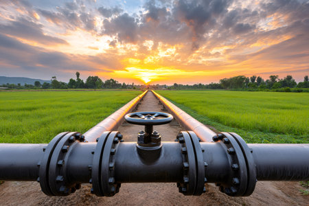 Industrial pipelines are transporting gas or oil through a green field at sunsetの素材