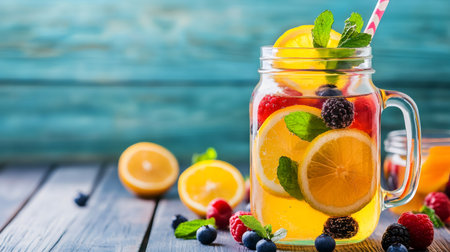 Mason jar glass of refreshing summer lemonade with berries, lemon and mint on wooden tableの素材