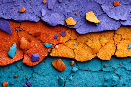 Close up of a vibrant, cracked surface forming an abstract pattern with orange, purple, and blue colorsの素材