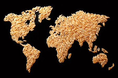 World map made of brown rice grains lying on a black background, representing global food and agricultureの素材