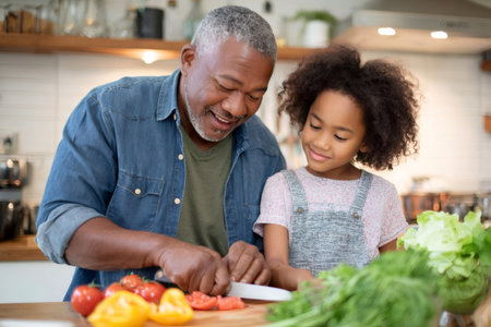 Grandfather and granddaughter preparing healthy meal, cutting fresh vegetables in kitchenの素材