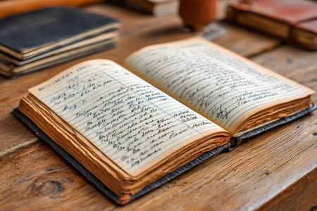 Open vintage notebook laying on wooden table showing handwritten cursive script and faded pagesの素材