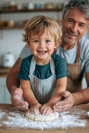 Smiling toddler kneading dough with his grandfather, learning baking skills in a cozy home kitchenの素材