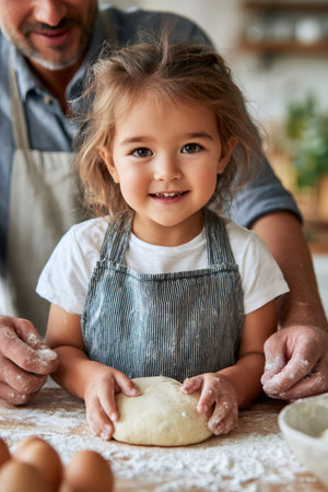 Happy little girl kneading dough, learning to bake with her father, enjoying family time in the kitchenの素材