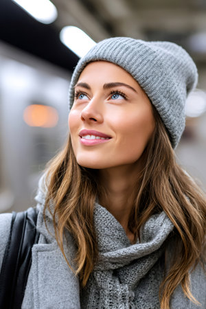 Happy tourist wearing winter clothes smiling and looking up in a subway stationの素材