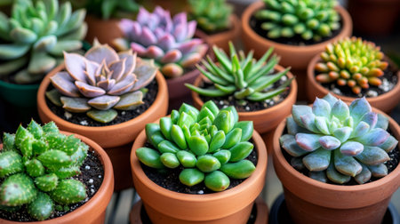 Beautiful colorful succulent plants growing in terracotta pots, ideal for home decoration and gardeningの素材