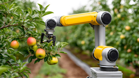 Innovative robotic arm harvesting ripe apples in modern orchard, showcasing automation in agricultureの素材