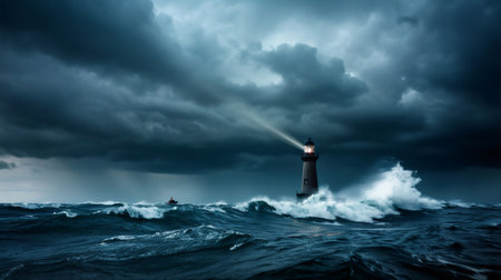Lighthouse emits a powerful beam of light, guiding ships through a stormy sea at nightの素材