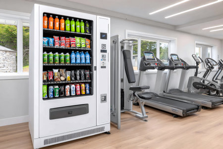 A white vending machine full of snacks and beverages stands in a bright gym with treadmills and other exercise equipmentの素材