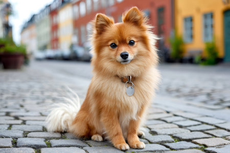 Small, fluffy pomeranian dog with a collar and tag sitting on a cobblestone street with colorful buildings in the backgroundの素材