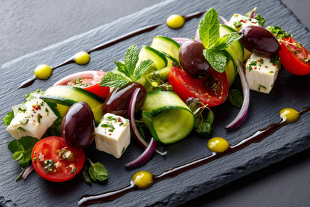 Fresh and vibrant Greek salad featuring cucumber ribbons, ripe tomatoes, kalamata olives, and creamy feta, drizzled with olive oil and balsamic glazeの素材