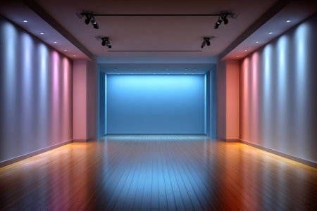 Empty room with colorful lighting illuminating a central wall, perfect for presentations or exhibitionsの素材