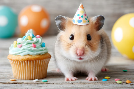 Adorable hamster wearing a festive party hat celebrates a birthday with a delicious cupcake and colorful balloonsの素材